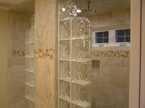 Glass block, dual-entrance walk-in shower